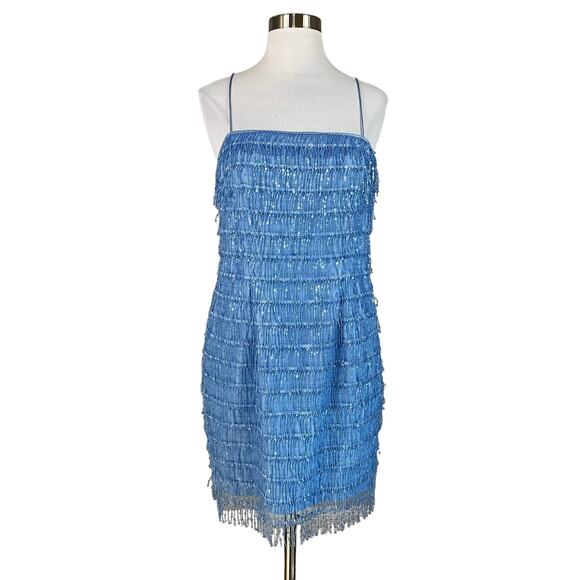 Aidan Mattox Sequined Fringe Mini Sheath Cocktail Dress Blue Size 6 Sleeveless - Picture 1 of 14